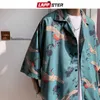 Lappster Hommes Crane Imprimer Chemises Harajuku Summer Vintage Bouton à manches courtes Mâle Coréen Modes Blouses lisses 210608