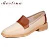 Meotina Naturligt äkta läder Low Heel Pumps Kvinnor Loafers Skor Rund Toe Chunky Heels Skor Slip på Skodon Kvinna Beige 210520