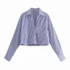 Women Shirts and Blouses Feminine Blouse Top Long Sleeve Casual Blue Turn-down Collar OL Style Loose cropped striped shirt 210520