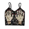 Fashion Women Crop Tops Summer Palm Beaded Sequins Spaghetti Strap Black Short T Shirt Woman Sexy Top 210401