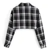 Short Black Gray Check Plaid Shirt Korea Clothing Retro Woman Lapel Long sleeve Cropped Blouse Tops Y2K Blousas 210721