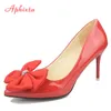 Apixta Bling Crystals Bow Flowers Switked Toe Red High Heels Women Patent Leather Butterfly-Knot Pompy Duży Rozmiar 45 46 47 48 K731