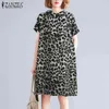 Oversized Kvinna Casual Semester Klänningar Kvinnor Vintage Tryckt Robe Summer Baggy Lape Vestidos Zanzea Fashion Short Sleeve Dress Y220214