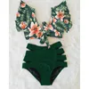 Cintura alta Biquíni 2021 Ruffle Swimwear Mulheres Imprimir Sexy Swimsuit Push Up Bikinis Plus Size Ternos Banheira Floral Beach Wear 1166 Z2