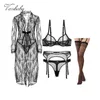 Andra trosor varsbaby sexig transparent garn andningsbar bra set robe+bra+trosor+strumpor+strumpor+thong 6 st l2404