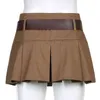 Bruin Y2K mini rok voor vrouwen met riem chique zomer Koreaanse mode Hoog getailleerd korte geplooide rokken Streetwear knop 210415