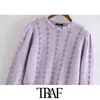 TRAF Women Fashion With Metallic Thread Cropped Knitted Sweater Vintage High Neck Long Sleeve Female Pullovers Chic Top 210415