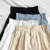 Ly varey lin zomer vrouwen casual effen kleur hoge taille shorts kantoor dame mode knoppen elastische wijde been 210526