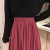 Women Pleated Suede Leather Long Skirts Winter Elastic High Waist Casual A-Line Mid Length Skirt Female Mujer Faldas 210514