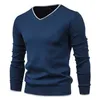 100% algodón jersey con cuello en v suéter para hombre color sólido manga larga otoño suéteres delgados casual tirar ropa 210918