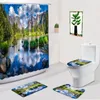 Shower Curtains Landscape Oil Painting Curtain 4Pcs Set Mountain Water Stone Forest Scenery Anti-Slip Carpet Bath Mat Toilet Bathroom Rug