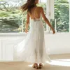 Summer Women Maxi Spaghetti Strap White Lace Crochet Backless Vocation Tunic Long Beach Dress 210415