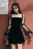 Korea Lace Mesh Vintage Gothic Dresses Full Sleeve Transpanent Strap Fold Pleated Dress Chic Punk Hip Hop Grunge Emo N888 210603
