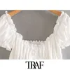 Traf Women Sweet Fashion Ruffled Cropted Blouses Vintage Puff Sleeve Side Zipper Vrouwelijke shirts Blusas Chic Tops 210415