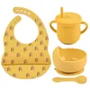 Baby Silicone Tableware Set Waterproof Heart Printing Bib Food Grade Cup Non-Silp Suction Bowl Child Feeding Accessories BAP Fre G1210