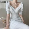 Koreanisches schickes schlankes V-Ausschnitt-Puff-Kurzarm-weißes Chiffon-Kleid für Frauen, eine Linie, elegantes Midi-Sommer-Rosa-Robe Femme 5B417 210429