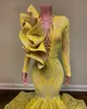 Sparkly Mermaid Prom Klänningar 2022 Sheer O-Neck Långärmad Yellow Sequin African Black Girls Evening Party Gala kappor