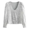 V neck Stitching Bright Silver Sequins Long sleeve Shirt Elegant Women Summer Puff Sleeve Pullover Blouse Tops 210429