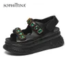 SOPHITINA Chunky Sandals Women Fashion Gem Platform All-Match Leather Sandals Hook & Loop Flat Summer Concise Lady Shoes AO918 210513