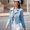 Mavi Deri Ceket Kadınlar Uzun Kollu Fermuar Slim Fit Ceket Kadın Dış Giyim Toka Kemer Epaulet Turn-Aşağı 210520