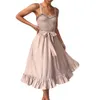 レディースノースリーブラッフルエレガントな白いドレス女性Ruched Sashes Bow Cotton Summer Midi Dressesセクシーソリッド女性ドレスvestidos 210416