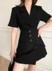 vrouwen zwarte blazer jurk hoge taille minderheid dunne midi lengte pak jas jurken straat 210608