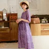 Johnature Loose Print Spring Summer Women Dress Vintage V-neck Women Clothes Purple Leisure Concise Ladies Dresses 210521