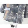 TRAF KVINNOR FASHION BLOUM Breasted Tie-Dye Print Blazer Coat Vintage Långärmade fickor Kvinnliga Ytterkläder Chic Toppar 210415