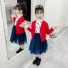 女の子チェリードレス+セーター子供のメッシュガールセット春秋の衣装210528