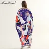 Moda Designer Runway Sukienka Wiosna Letnie Kobiety Dress V Neck Batwing Rękaw Drukuj Plus Size Luźne Plaża Maxi Dresses 210524