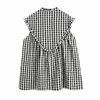 Qooth Retro Plaid V-neck Ruffled Sleeve Pullover Dres's Summer Style Loose Causal Short QT704 210609