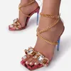 Modernas mulheres sandálias saltos altos verão novo design festa de pé quadrado de dedo cristal cadeia de salto fino serpente impressão borracha fivela cinta