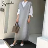 Syiwidii falsos vestidos de dos piezas ropa de mujer Harajuku coreano recto Oficina señora tejido sólido de talla grande suelto gris primavera 210417