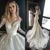 Luxury A Line Wedding Dresses with Detachable Train Arabic Dubai Off the Shoulder Long Sleeves Lace Wedding Bridal Gowns