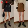 Kvinnor PU Läder Mini Skirt A-Line Vår Höst Casual Streetwear Hög midja Dubbelbröst Kort Kjolar Fashion 210428