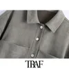 TRAF Kadınlar Moda ile Cepler Faux Süet Boy Bluzlar Vintage Uzun Kollu Button-Up Kadın Gömlek Chic Tops 210415