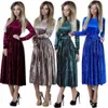 Winter Spring Velvet Dress Women Fashion Solid Sashes Regular Long Pleated Sexy es Vestidos Robes 210607