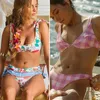 Miyouj Deep V Neck Bikini Floral Print Swimsuit Biquinis Feminino Bow Swimwear Lace Up Set Bathing Suit Women Bikins 210611