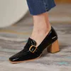 Leather Women Shoes Slip-On Retro Belt Buckle Shoes Thick Heel Fashion Spring/Autumn All-match Pumps Size 34-40