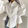 Tatlı Puf Kol Düğmeli Gömlek Kadın Bluz Bahar Katı Uzun Kollu Bayanlar Kore Moda Camisas Mujer 210514 Tops