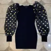 Vinter Sexig O-Neck Polka Dot Puff Sleeve Black Bodycon Bandage Klänning Elegant Kvinnors Klubb Kväll Party Vestidos 210527