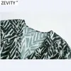 Zevity Women Vintage Vネックプリント弓ティーサッシミニドレス女性プリーツパフスリーブカジュアルスリムvestido DS5018 210603