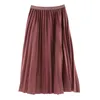 Fashion Women's High Waist Pleated Solid Color Length Elastic Skirt Promotions Lady Black creamy white Party Casual Skirts 210608