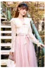 High Quality Luxury Runway Two Piece Women Summer Long Sleeve Lace V Neck Tops + Elastic Waist Mesh Pink Skirts Suit 210514