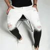 Mens slim elastiska jeans distressed hål denim byxa mode vit svart färgning penna byxor streetwear hiphop byxa manliga jean män