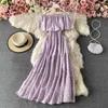 Kvinnors sommar sundresses One-Shoulder Chiffon Beach Dress Korean Kläder Sexig Strapless Ruffle Midi Femme Robe 210514