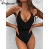 Colysmo Black Swimsuit Spaghetti Cintas V Pescoço Backless Lace Up Bodycon Bodysuit Mulheres Sexy Verão Swimwear 210527