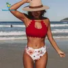 BeachSissi Stringy Selvedge Yüksek Bel Çiçek Baskı Bikini Set Kadın Çiçek Mayo Bating Suit Düğüm Ön Beachwear 210722