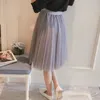 Pläterad tulle Midi kjol Kvinnor Sommar Koreansk stil knä längd Hög midja Vit Svart Solskola Kvinna 210421