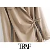 TRAF Femmes Chic Mode Faux Cuir Wrap Mini Robe Vintage Manches Longues Cordon Cravate Taille Robes Féminines Mujer 210415